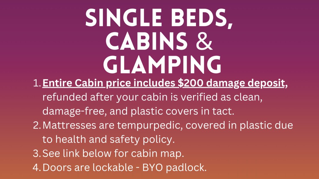 Purchase Single Beds, Cabins and Glamping -- DOES NOT INCLUDE EVENT TICKETS